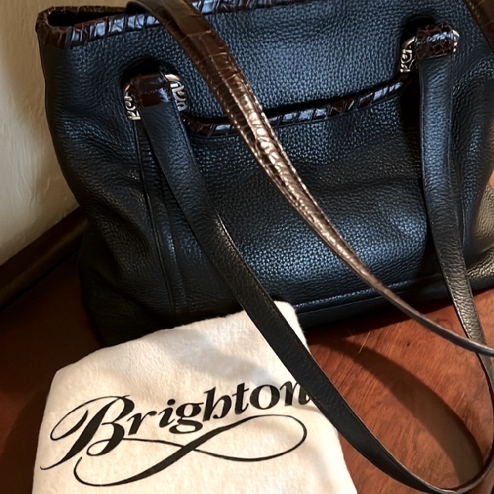 Brighton Black Pebbled Leather Shoulder Bag with Brown Trim